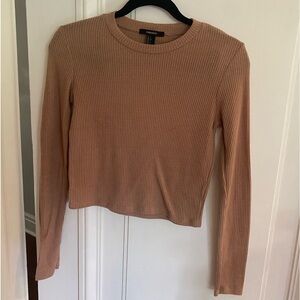 Brown Ribbed Tan Long Sleeve Shirt Crew Neck Round Neck Teddy Top Size S